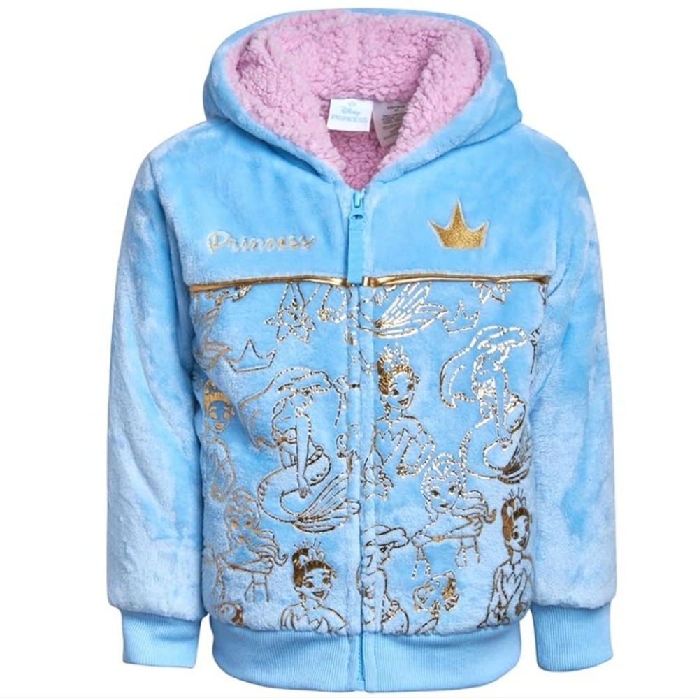 DISNEY PRINCESS Blue Fuzzy Jacket with Pink Interior - Size 6